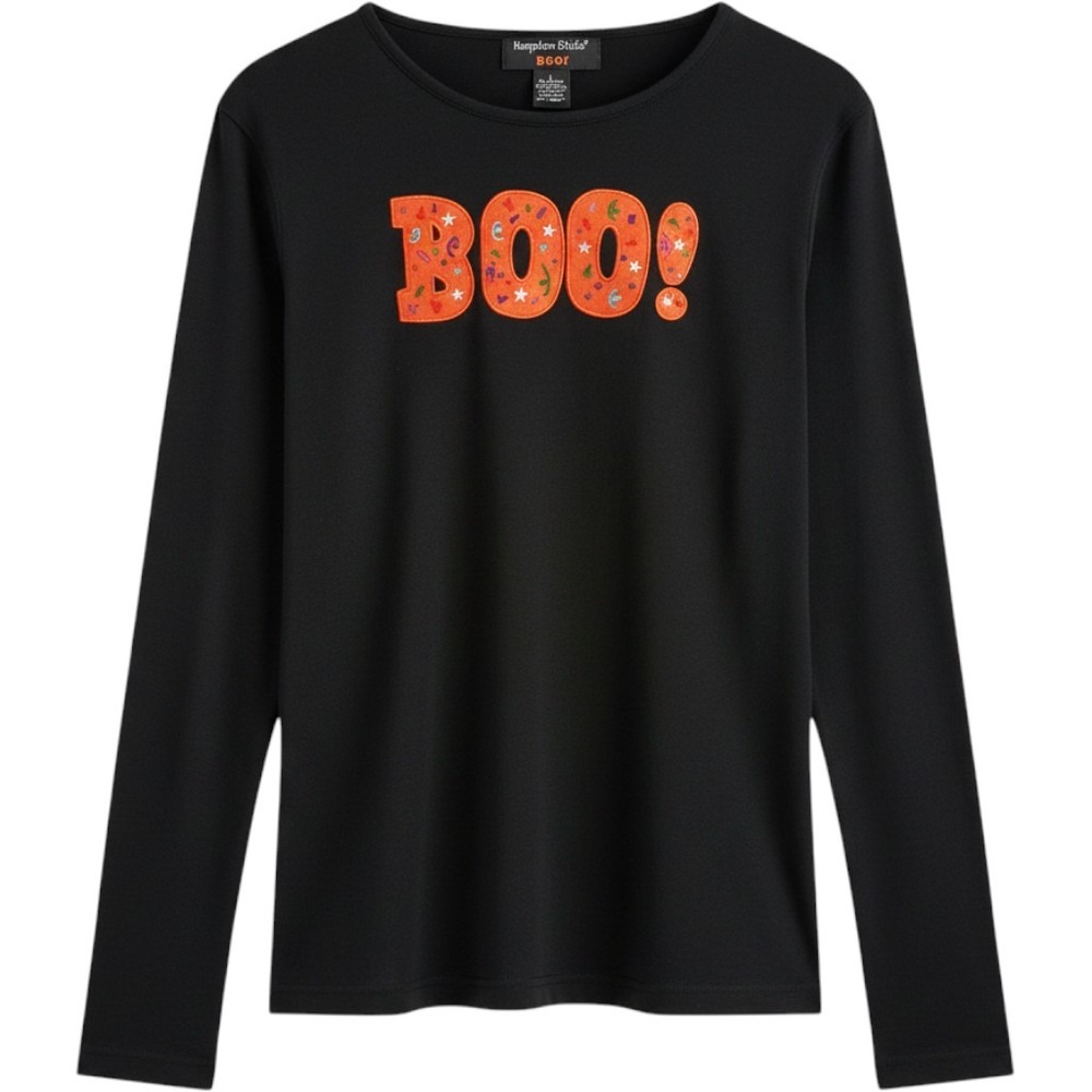 Hampshire Studio Boo Halloween Shirt Womens Large Black‎ Long Sleeve Graphic Tee